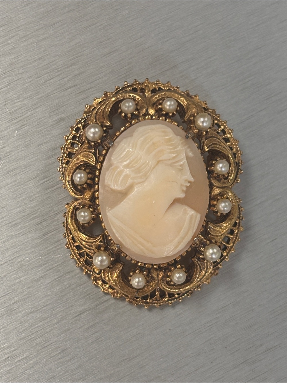 Vintage Gold and Ivory Cameo Brooch with Pearls